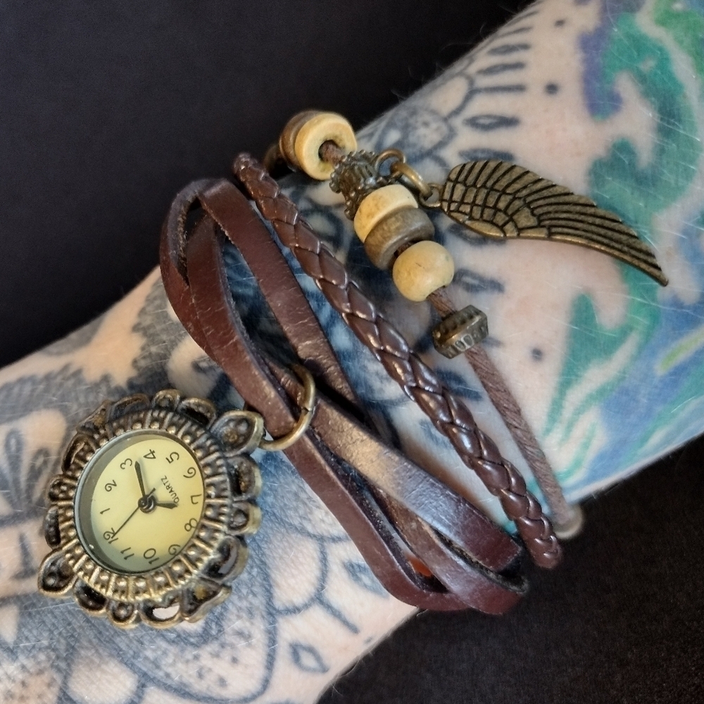 Vintage Boho Beaded Brown Leather Wrap Watch - Picture 4 of 9